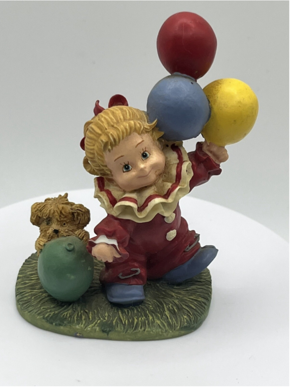 VINTAGE MINIATURE CLOWN FIGURINE A LITTLE GIRL CLOWN, HER DOG  & BALLOONS